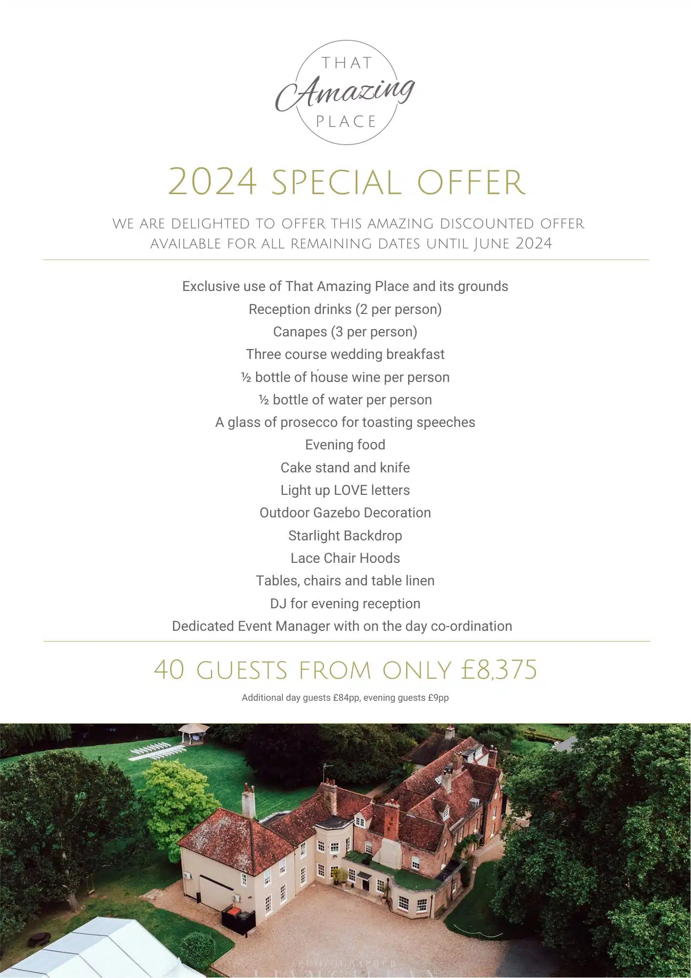 Discounted wedding package for 2024 That Amazing Place Essex exclusive use wedding venue