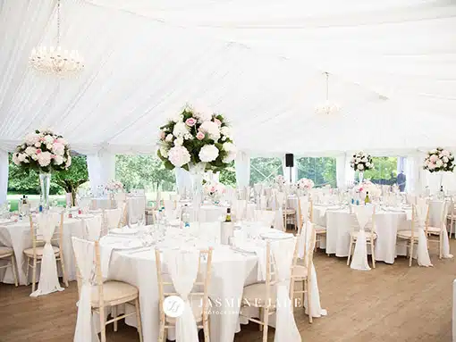 Marquee wedding breakfast at That Amazing Place wedding venue in Old Harlow Essex