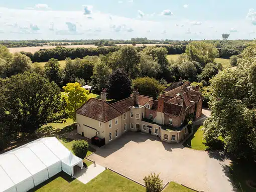 Ariel view marquee and house of That Amazing Place Essex Wedding Venue with Accommodation