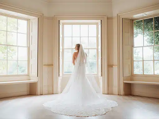 Bride in Lounge by sash windows at That Amazing Place Essex Wedding Venue with Accommodation