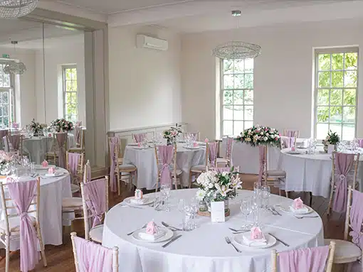 Small wedding setup in the the Hall at That Amazing Place Essex Wedding Venue